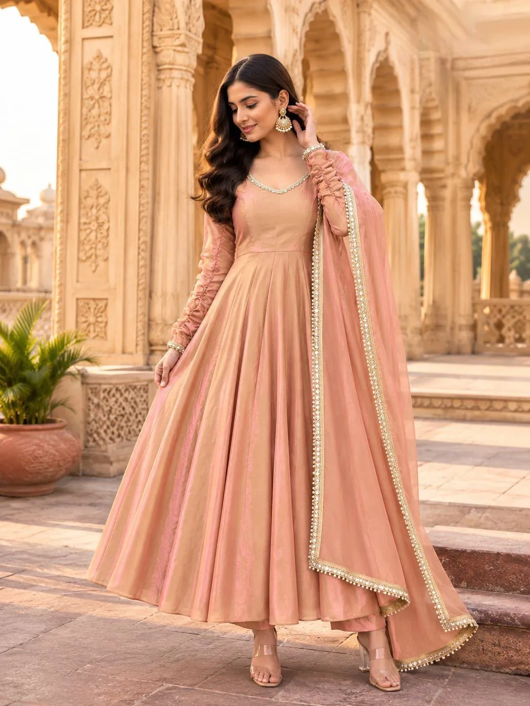 Fendy Silk Mirror Gown Set | Fully Stitched 5 Fully stitched fendy silk gown set with real mirror work. Gown length 52 inches, round dori neck, 20 inch sleeves. Micro cotton pant 38 inches. Dupatta 2.20 meters. Sizes M to XXL. Code 5075. Weight 0.7 kg. Fendy Silk Mirror Gown Set