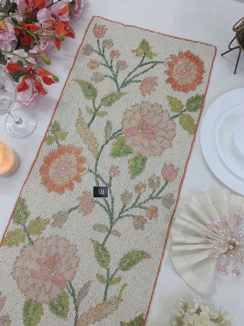 Festive Beaded Runner Online India | Handmade 13x36 Inch 2 Handmade festive beaded table runner, export quality. Size about 13x36 inches. Ideal for festive tables, home décor and gifting. Festive Beaded Runner Online India