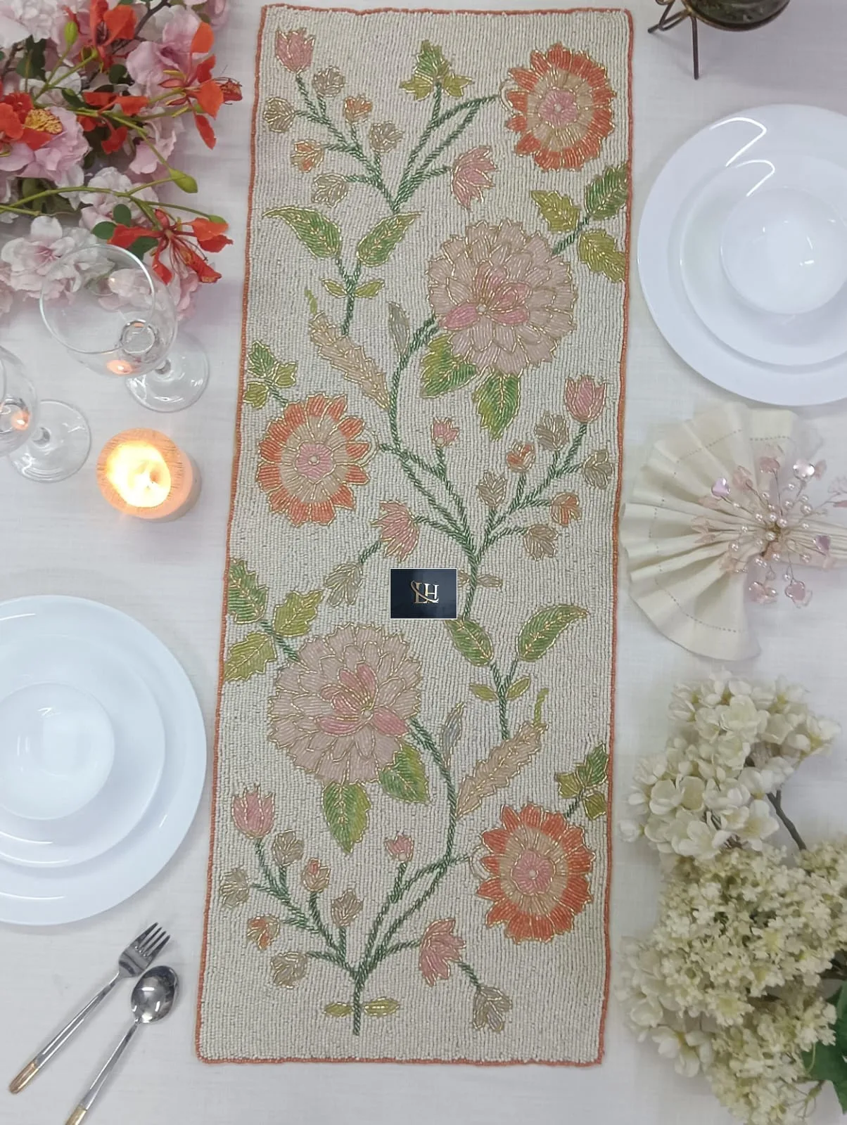 Festive Beaded Runner Online India | Handmade 13x36 Inch 1 Handmade festive beaded table runner, export quality. Size about 13x36 inches. Ideal for festive tables, home décor and gifting. Festive Beaded Runner Online India