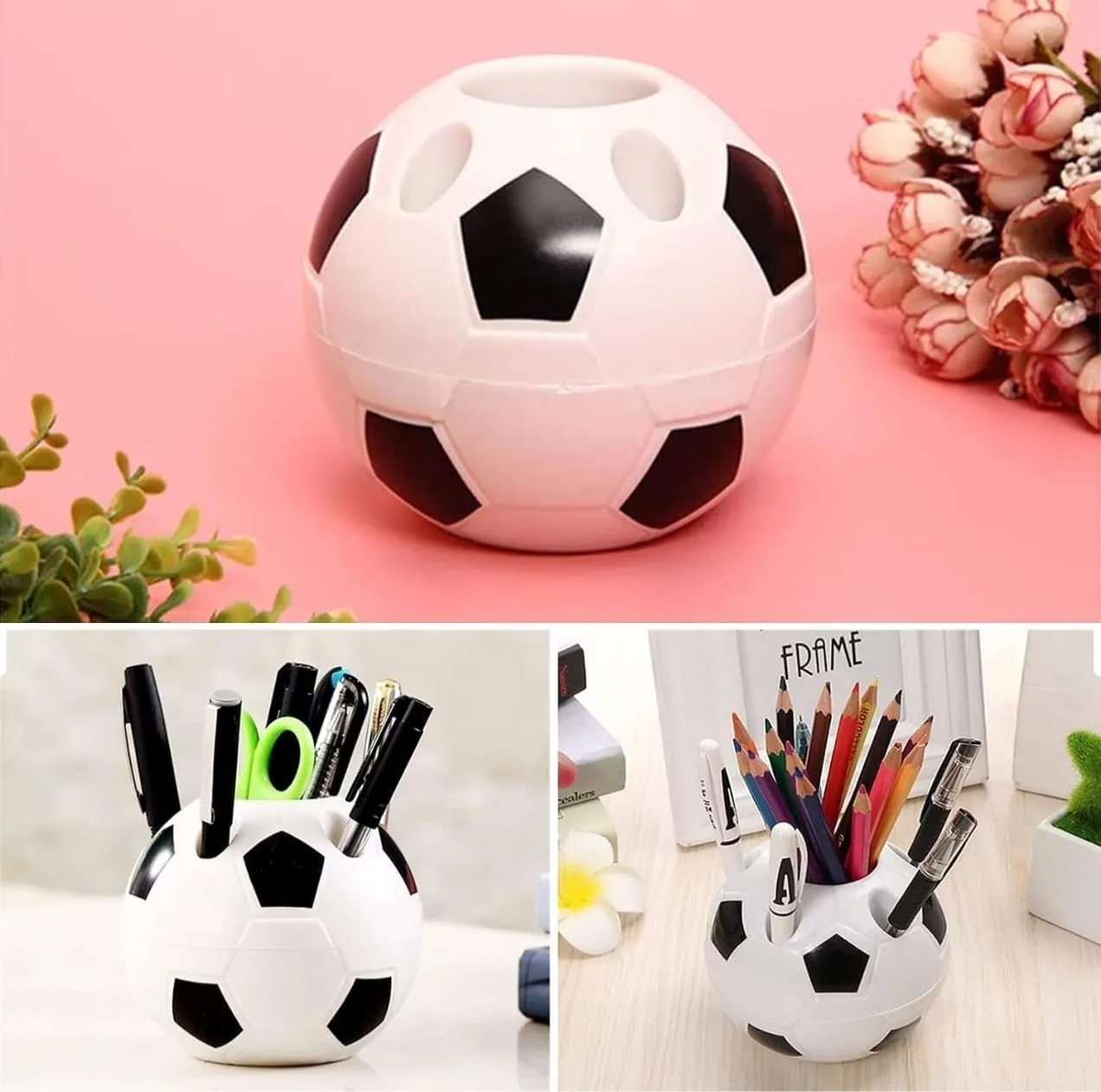 Football Shape Pen Stand for Study Table with Box | Youteek 2 Football shape pen stand for the study table in PVC plastic. Comes with a dedicated football theme box. Size as shown in pictures. Ideal for kids’ desks and return gifts. football pen stand for study table