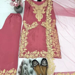 fully stitched silk palazzo suit with net dupatta
