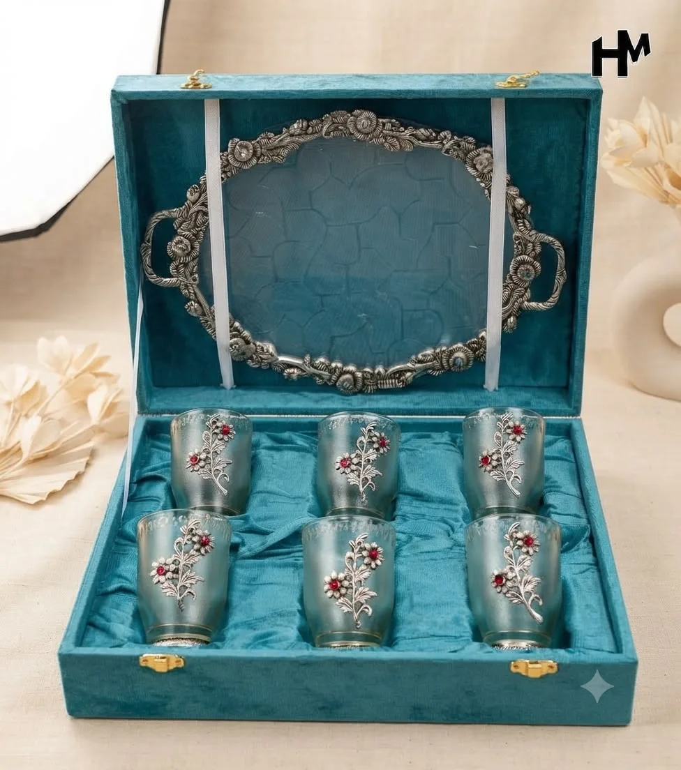 German Silver Tray and Glasses Set | Velvet Box Bulk Gift 1 German silver tray plus glasses set in a velvet box. Made for corporate, housewarming and festive bulk gifting. Additional discount for wallet holders. German Silver Tray and Glasses Set
