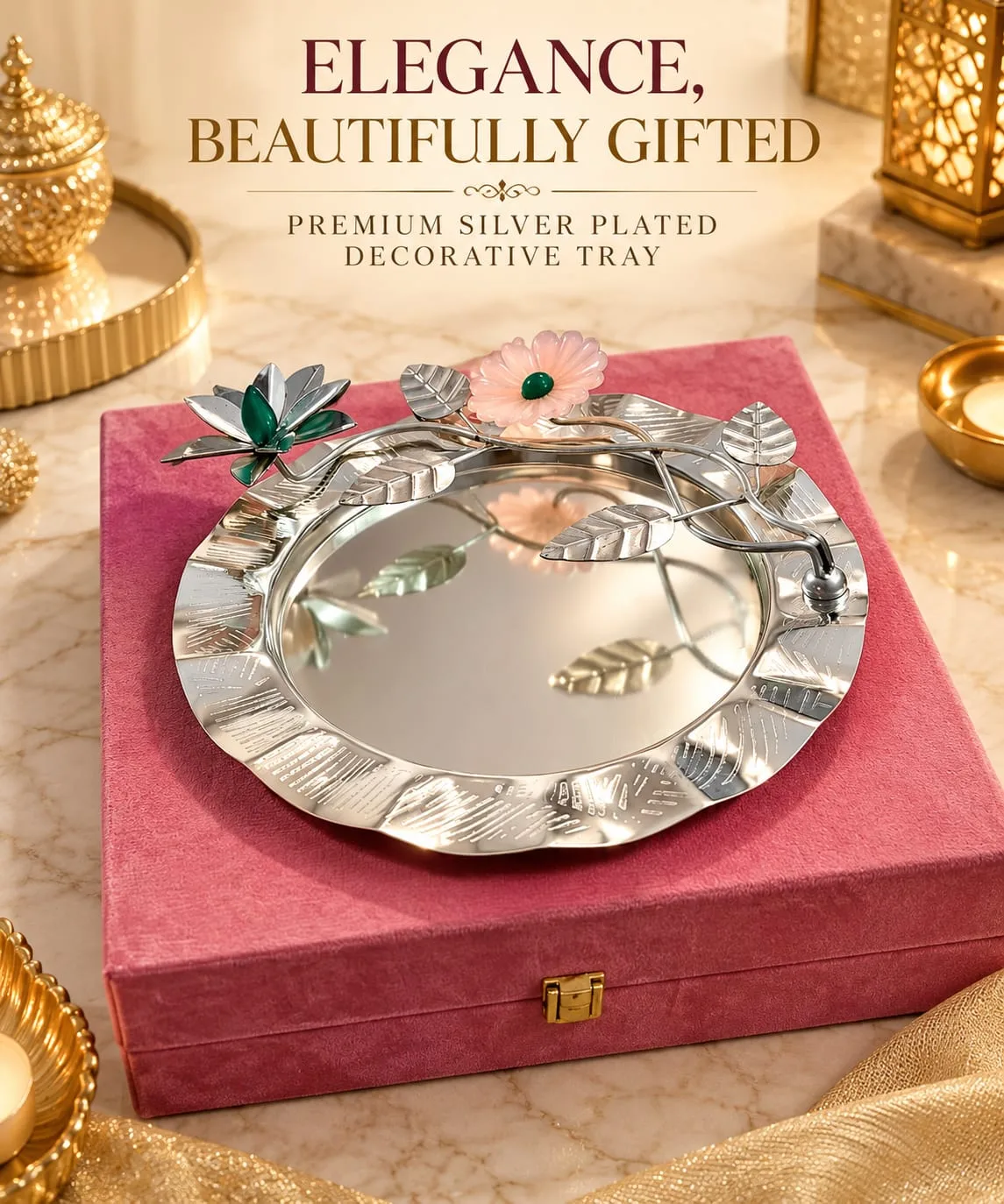 German Silver Tray in Velvet Box | 10 Inch Gift Tray 1 Beautiful 10 inch German silver tray packed in a velvet box. Elegant gift for occasions, hampers and home styling. Discount available on bulk orders. German Silver Tray in Velvet Box