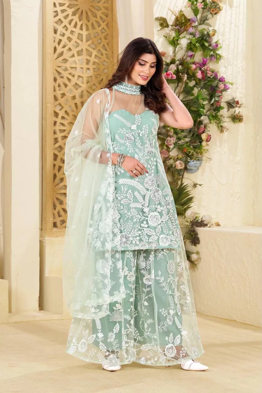 Halter Neck Butterfly Net Kurta Palazzo Set | Youteek 4 Halter neck butterfly net kurta palazzo set with sequence embroidery on front and back. Top height 35 inches, sizes M to XXL. Palazzo 38 inches, fully stitched. Dupatta in butterfly net with sequence work. Weight about 620 gm. Ready to dispatch. halter neck butterfly net kurta palazzo set