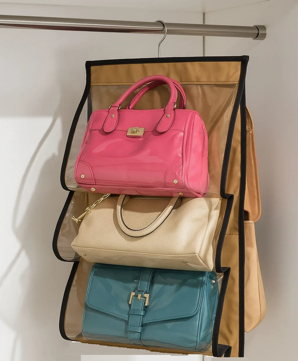 Hanging Handbag Organizer | Beige with Black Piping 1 Hanging Handbag Organizer for 2 large bags and 3 medium bags. Color Beige with Black Piping. Size 25.5 inch x 13 inch. Weight 250 gms. Hanging Handbag Organizer