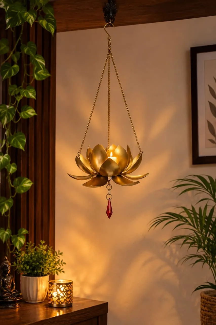 Handcrafted Hanging Lotus Urli Set of 4 (10 Inch Ring and 5 Inch Lotus) 1 Handcrafted hanging lotus urli set of 4. Outer ring about 10 inches, lotus bowl about 5 inches, with suspension hooks. For mandir, doorway, balcony and festive walls. Ready to ship. hanging lotus urli set of 4