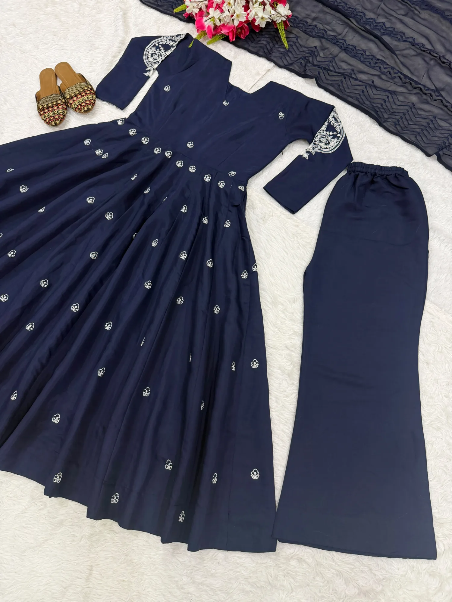 Heavy Roman Silk Embroidered Anarkali Suit Set | Youteek 1 Fully stitched heavy roman silk embroidered anarkali with 3.80 meter flair, length 47-48 inches and side zipper. Roman silk palazzo 40-41 inches. Embroidered faux georgette dupatta 2.30 meters. Sizes S to XXL. Weight about 950 gm. heavy roman silk embroidered anarkali suit