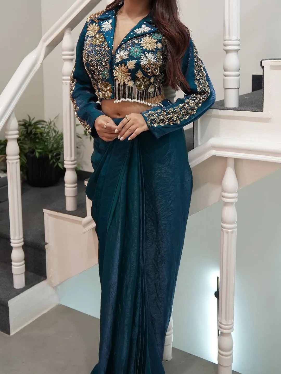 Indo-Western Dhoti and Blouse Two-Piece Set 2 Exquisite Indo-Western Dhoti and Blouse Set crafted from luxury Soft Fendy Satin Silk with Micro Inner with Embroidery Semi Beads & Sequins Work. Paired with Fully Stitched Free Size Blouse with Micro Inner (Adjustable M to 3XL). Boutique quality guaranteed. Indo-Western Dhoti and Blouse Set