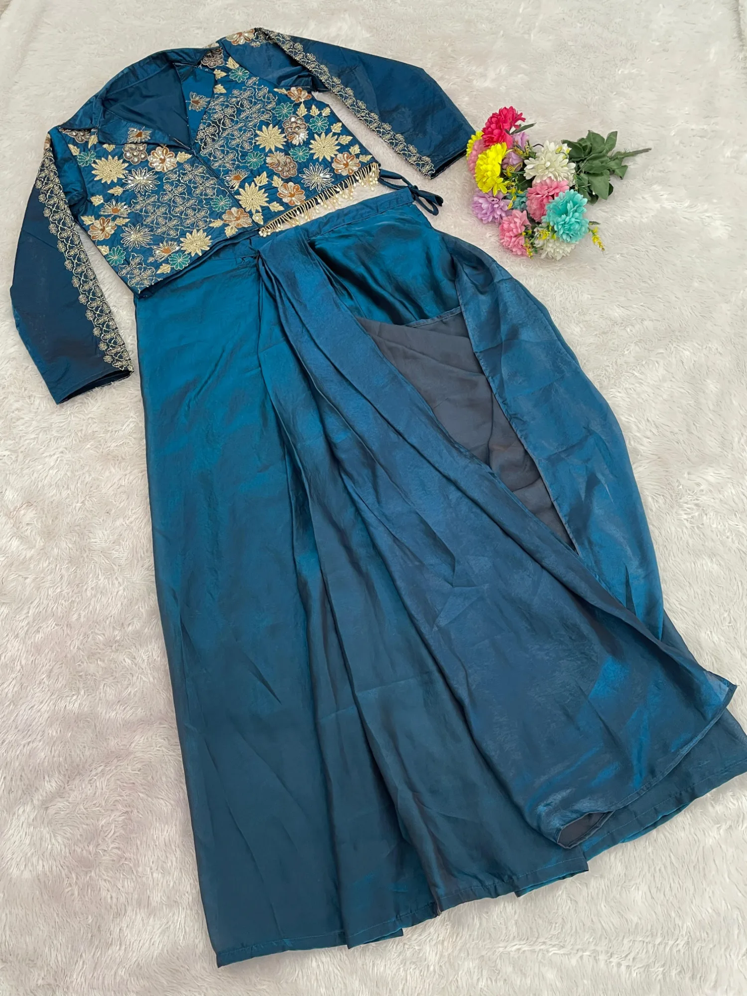 Indo-Western Dhoti and Blouse Two-Piece Set 3 Exquisite Indo-Western Dhoti and Blouse Set crafted from luxury Soft Fendy Satin Silk with Micro Inner with Embroidery Semi Beads & Sequins Work. Paired with Fully Stitched Free Size Blouse with Micro Inner (Adjustable M to 3XL). Boutique quality guaranteed. Indo-Western Dhoti and Blouse Set