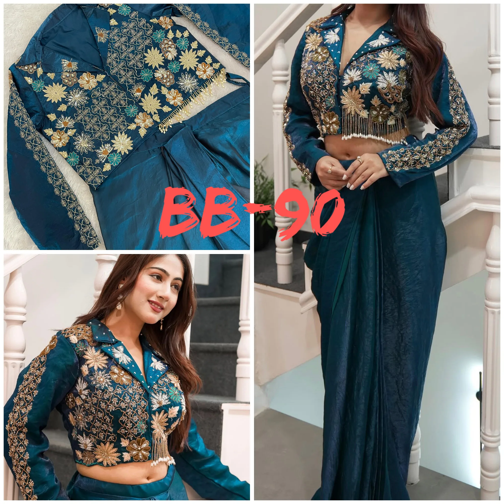 Indo-Western Dhoti and Blouse Two-Piece Set 1 Exquisite Indo-Western Dhoti and Blouse Set crafted from luxury Soft Fendy Satin Silk with Micro Inner with Embroidery Semi Beads & Sequins Work. Paired with Fully Stitched Free Size Blouse with Micro Inner (Adjustable M to 3XL). Boutique quality guaranteed. Indo-Western Dhoti and Blouse Set