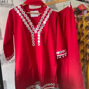 jaipuri cotton mirror work 3 piece suit red colour