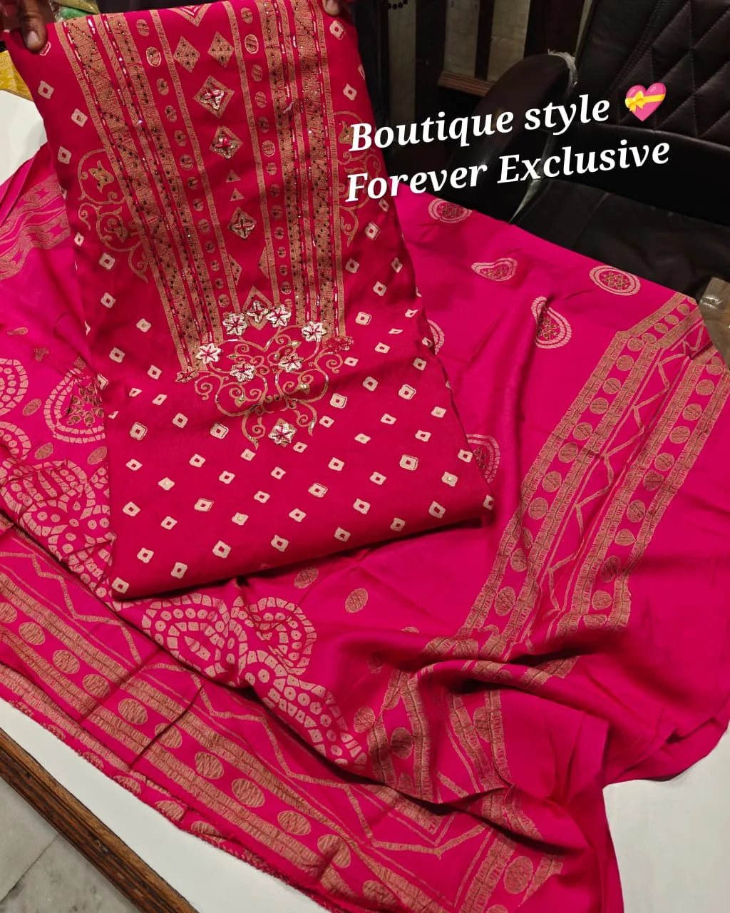 Jaipuri Print Viscose Suit Set | Gotta Patti with Muslin Dupatta 1 Pure viscose semi-winter suit with Jaipuri print and designer gotta patti. Fine rayon bottom and original soft muslin printed dupatta. Same day dispatch. Jaipuri Print Viscose Suit Set