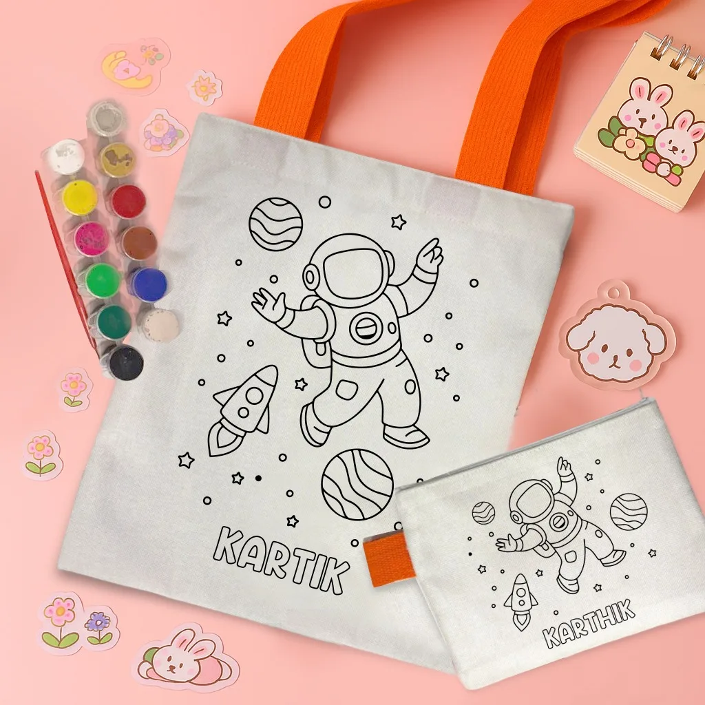 Kids Tote Bag Coloring Combo | DIY Pouch and Paint Set 3 DIY kids tote bag and pouch coloring combo in laminated poly jute. Tote 11x14 inch, pouch 8x6 inch, with 12 tempera colours and a paint brush. For birthdays and return gifts. Kids Tote Bag Coloring Combo