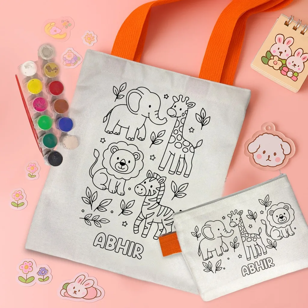 Kids Tote Bag Coloring Combo | DIY Pouch and Paint Set 4 DIY kids tote bag and pouch coloring combo in laminated poly jute. Tote 11x14 inch, pouch 8x6 inch, with 12 tempera colours and a paint brush. For birthdays and return gifts. Kids Tote Bag Coloring Combo