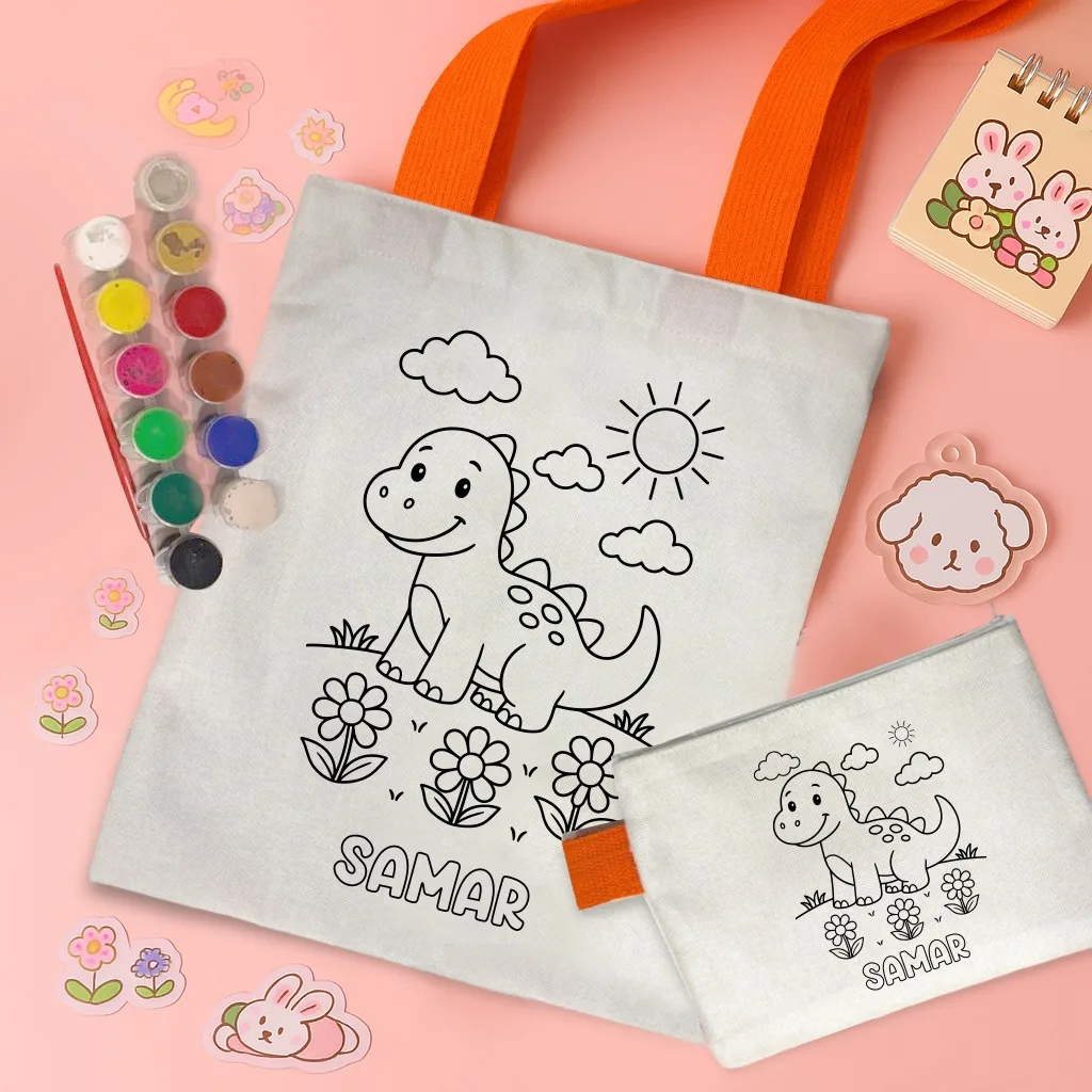 Kids Tote Bag Coloring Combo | DIY Pouch and Paint Set 5 DIY kids tote bag and pouch coloring combo in laminated poly jute. Tote 11x14 inch, pouch 8x6 inch, with 12 tempera colours and a paint brush. For birthdays and return gifts. Kids Tote Bag Coloring Combo