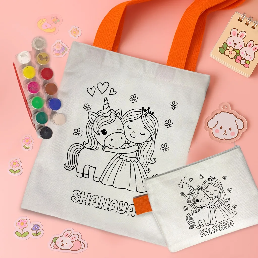 Kids Tote Bag Coloring Combo | DIY Pouch and Paint Set 6 DIY kids tote bag and pouch coloring combo in laminated poly jute. Tote 11x14 inch, pouch 8x6 inch, with 12 tempera colours and a paint brush. For birthdays and return gifts. Kids Tote Bag Coloring Combo
