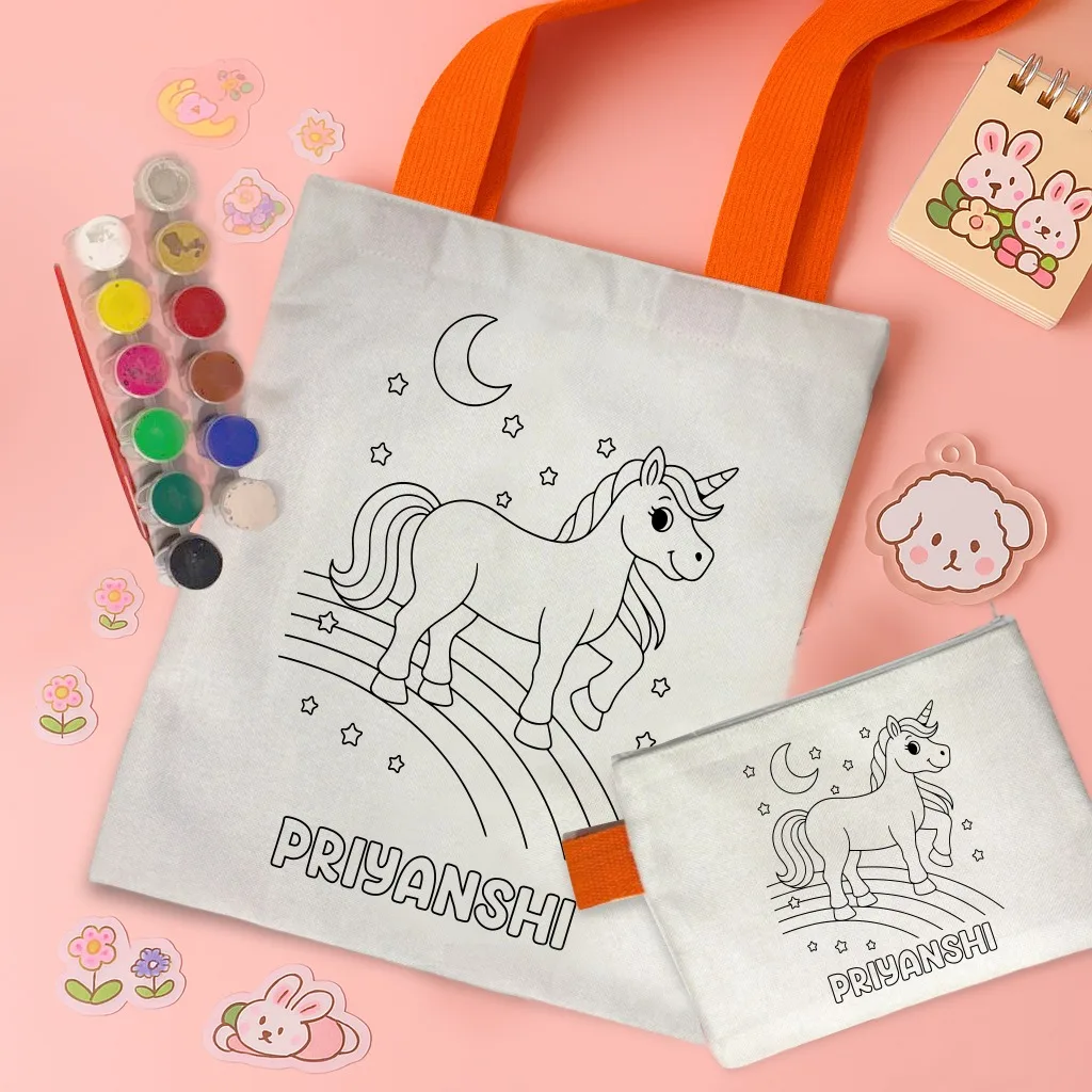 Kids Tote Bag Coloring Combo | DIY Pouch and Paint Set 1 DIY kids tote bag and pouch coloring combo in laminated poly jute. Tote 11x14 inch, pouch 8x6 inch, with 12 tempera colours and a paint brush. For birthdays and return gifts. Kids Tote Bag Coloring Combo