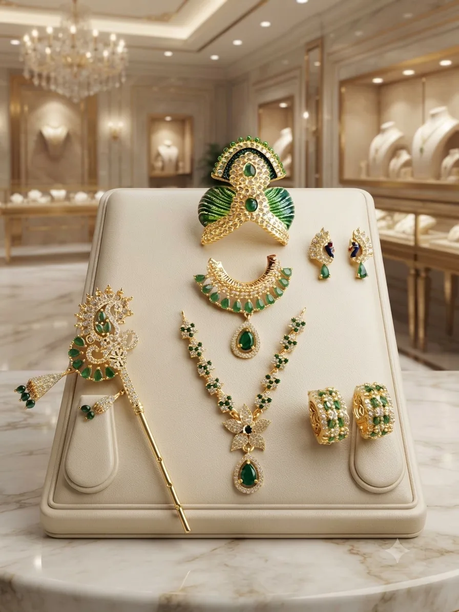 Laddu Gopal Size 4 Complete Shringar Set | Green and Gold | Youteek 1 Handcrafted laddu gopal size 4 complete shringar set in green and gold. Includes mukut, choker, haar, bangles, earrings and bansuri. laddu gopal size 4 complete shringar set