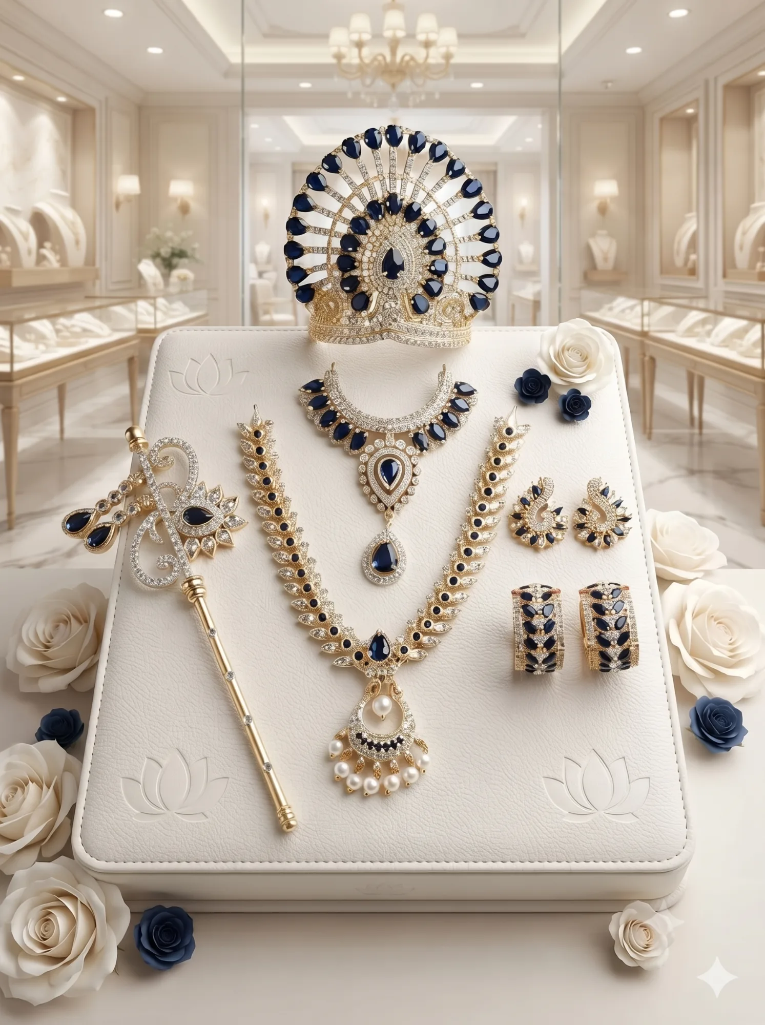 Laddu Gopal Size 5 Complete Shringar Set | Premium Jewellery | Youteek 1 Premium handcrafted laddu gopal size 5 complete shringar set. Includes mukut, choker, haar, bangles, earrings and bansuri. laddu gopal size 5 complete shringar set