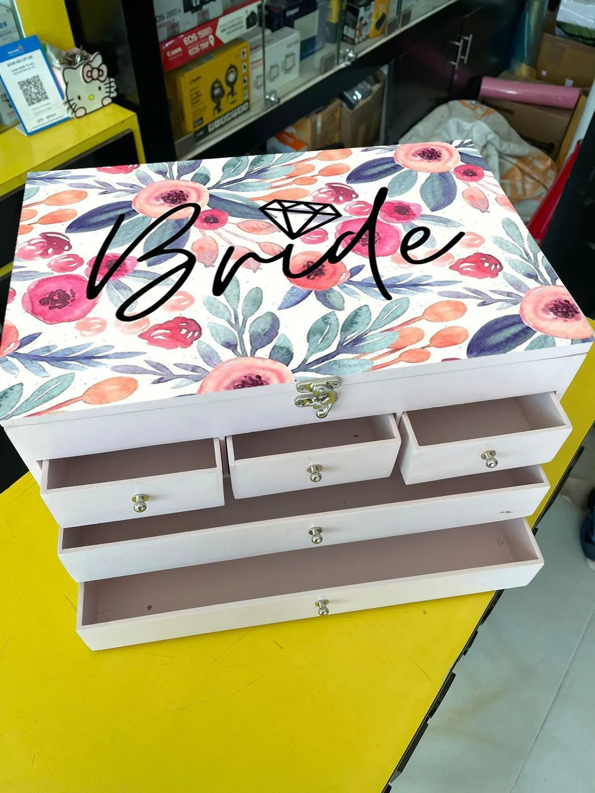 Large Wooden Makeup Vanity Box Organizer | Youteek 2 Large wooden makeup vanity box organizer, size 14.5 x 9 x 8.5 inch. Matte scratchproof finish in pastel pink and pastel sea green. High end quality with thermacol packing. Restocked. large wooden makeup vanity box organizer