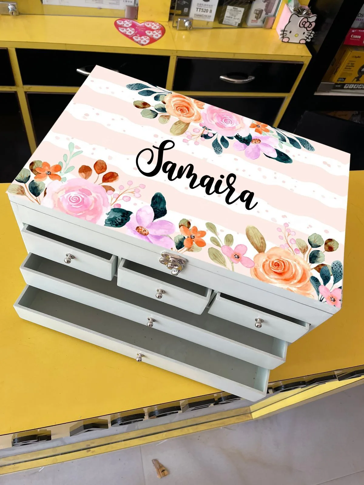 Large Wooden Makeup Vanity Box Organizer | Youteek 3 Large wooden makeup vanity box organizer, size 14.5 x 9 x 8.5 inch. Matte scratchproof finish in pastel pink and pastel sea green. High end quality with thermacol packing. Restocked. large wooden makeup vanity box organizer