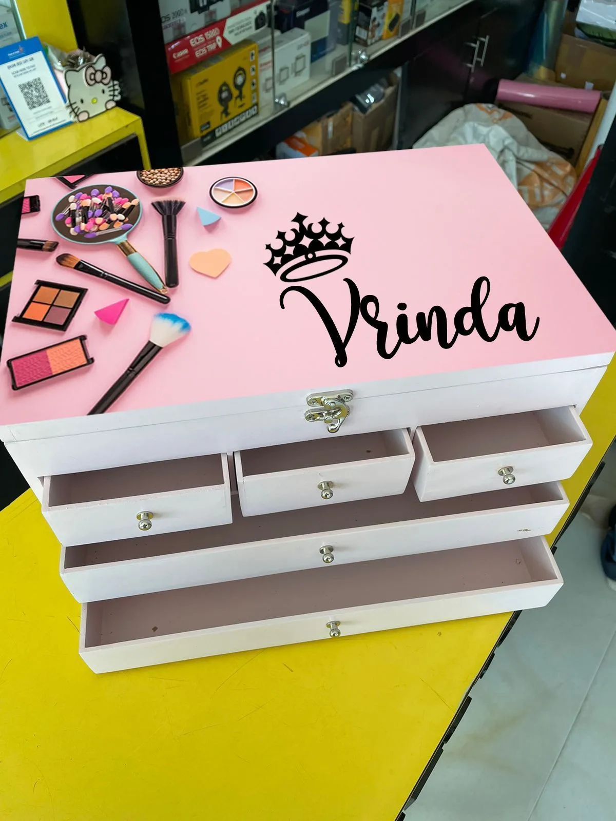 Large Wooden Makeup Vanity Box Organizer | Youteek 1 Large wooden makeup vanity box organizer, size 14.5 x 9 x 8.5 inch. Matte scratchproof finish in pastel pink and pastel sea green. High end quality with thermacol packing. Restocked. large wooden makeup vanity box organizer