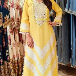 Lehariya Style Pure Cotton Kaftan with Mirror & Tassel Detailing