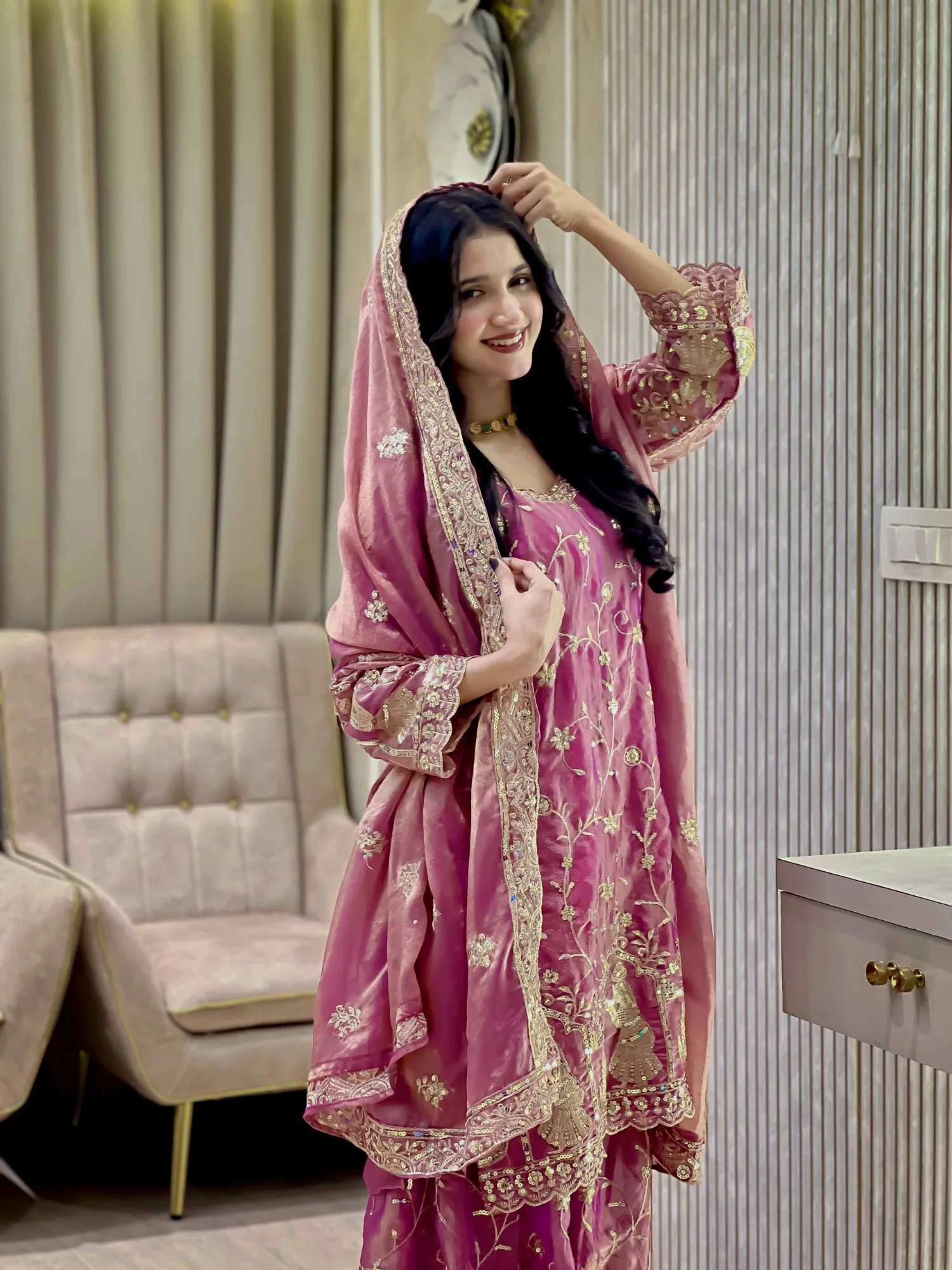Party Wear 3 Piece Kurti Palazzo Set Under 2000 | Youteek 2 Fully stitched party wear 3 piece kurti palazzo set in NC Moss Silk with 5mm sequins and zari embroidery. Kurti 37 inches, free size palazzo 40-41 inches, dupatta 2.10 mtr. Real photo shoot product. party wear 3 piece kurti palazzo set under 2000