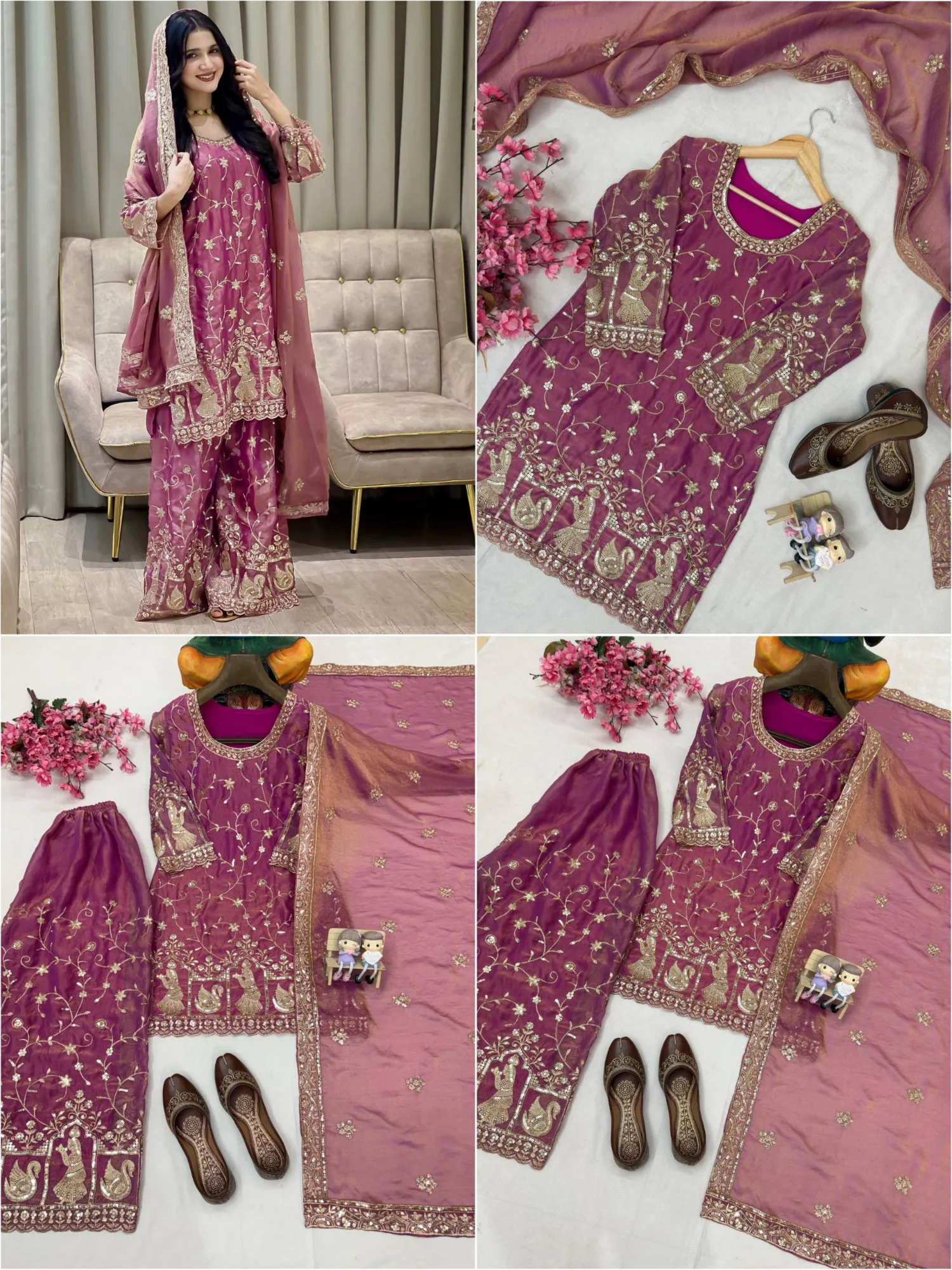 Party Wear 3 Piece Kurti Palazzo Set Under 2000 | Youteek 3 Fully stitched party wear 3 piece kurti palazzo set in NC Moss Silk with 5mm sequins and zari embroidery. Kurti 37 inches, free size palazzo 40-41 inches, dupatta 2.10 mtr. Real photo shoot product. party wear 3 piece kurti palazzo set under 2000