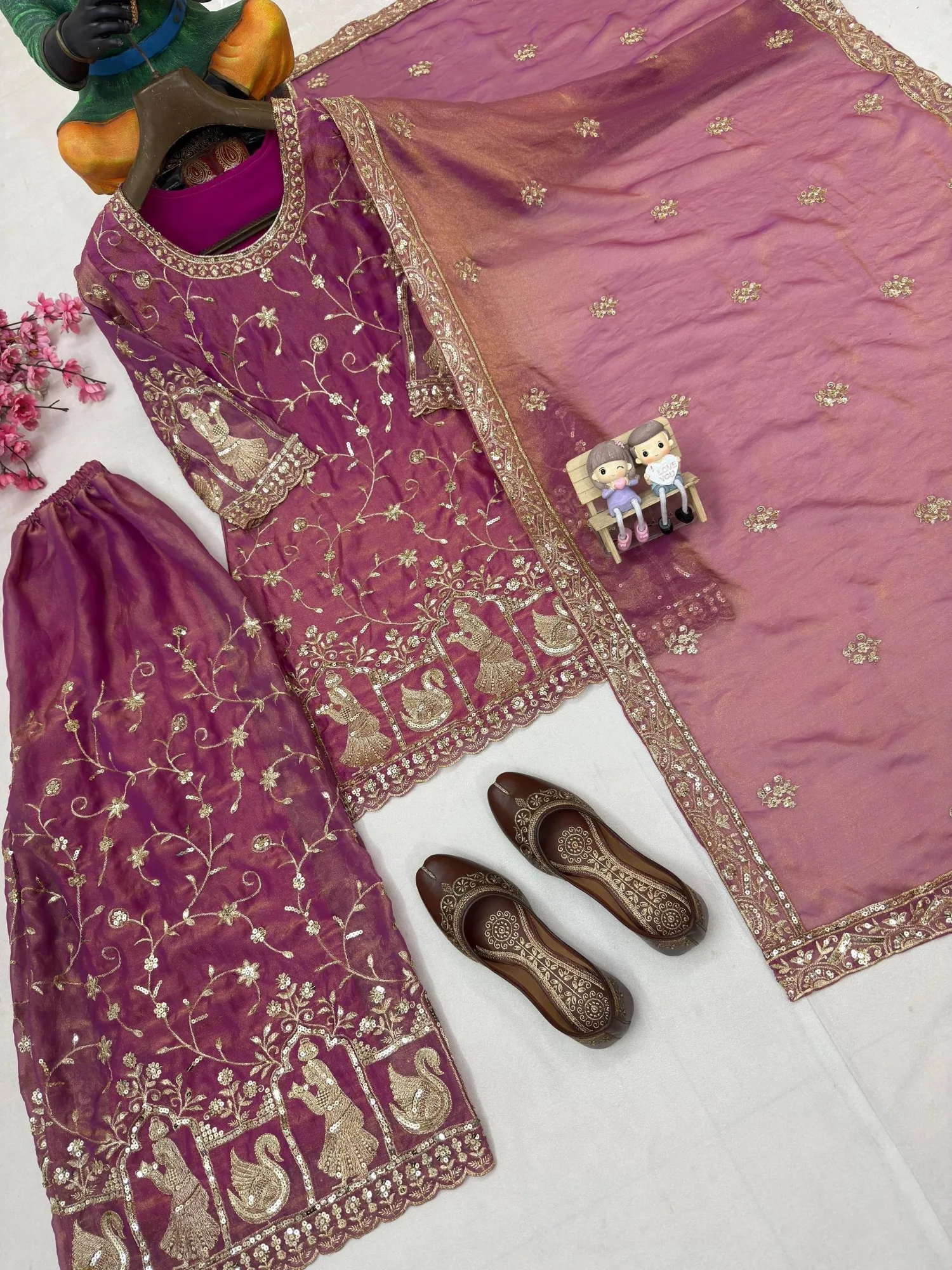 Party Wear 3 Piece Kurti Palazzo Set Under 2000 | Youteek 1 Fully stitched party wear 3 piece kurti palazzo set in NC Moss Silk with 5mm sequins and zari embroidery. Kurti 37 inches, free size palazzo 40-41 inches, dupatta 2.10 mtr. Real photo shoot product. party wear 3 piece kurti palazzo set under 2000