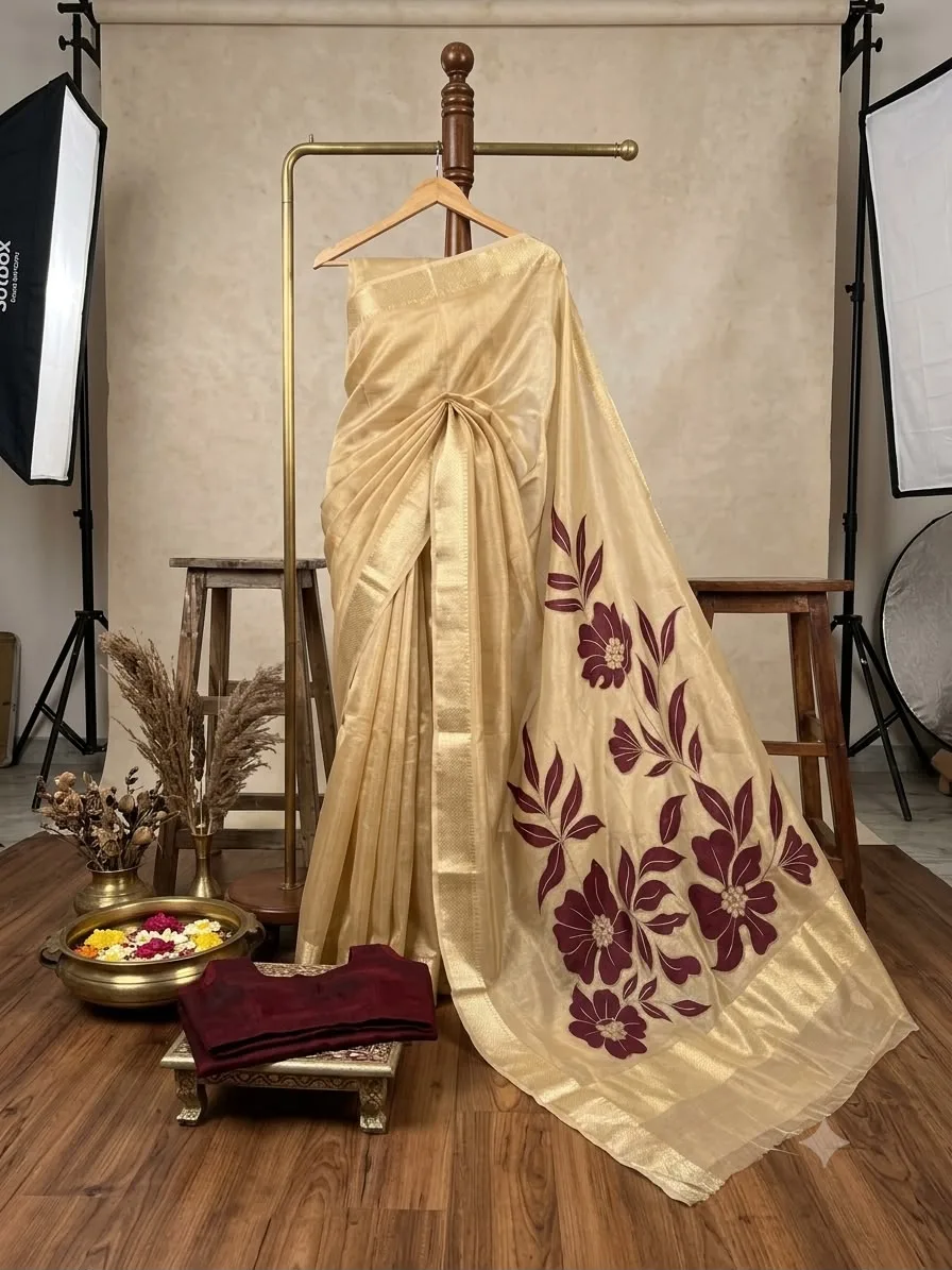 Party Wear Tissue Saree with Applique Work | Youteek 2 New collection party wear tissue saree with designer pallu applique work. Lightweight festive metallic drape. Ready dispatch. party wear tissue saree with applique work
