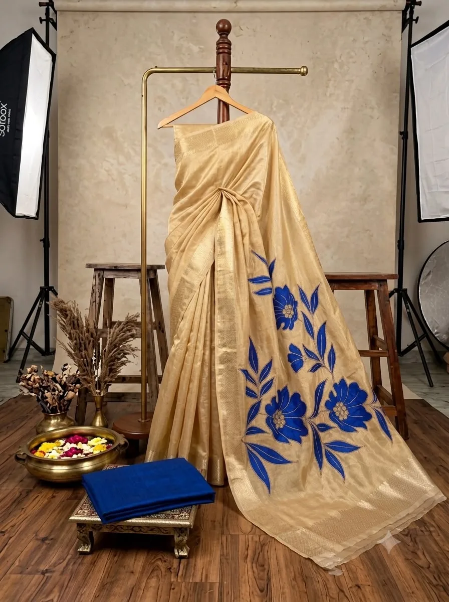 Party Wear Tissue Saree with Applique Work | Youteek 3 New collection party wear tissue saree with designer pallu applique work. Lightweight festive metallic drape. Ready dispatch. party wear tissue saree with applique work