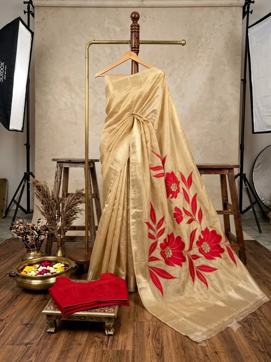 Party Wear Tissue Saree with Applique Work | Youteek 1 New collection party wear tissue saree with designer pallu applique work. Lightweight festive metallic drape. Ready dispatch. party wear tissue saree with applique work