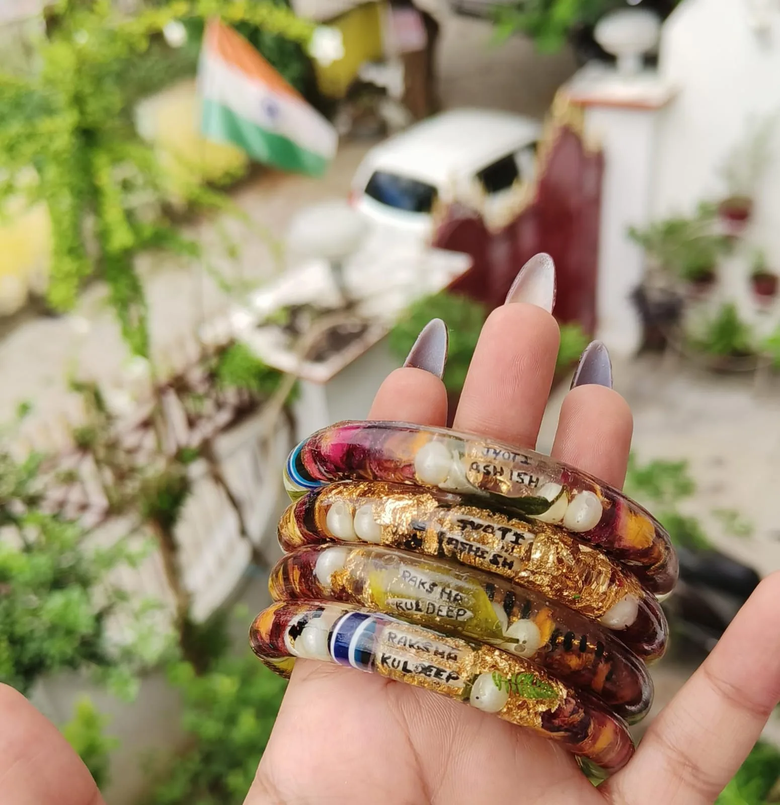 Personalised Bangles with Name on Rice 1 Personalised bangles with name on rice. Can be customised in any colour. Sizes available: 2.4, 2.6, 2.8. Set of 2 and Set of 4 options. Free shipping. Making time 6-7 working days. Personalised Bangles with Name on Rice