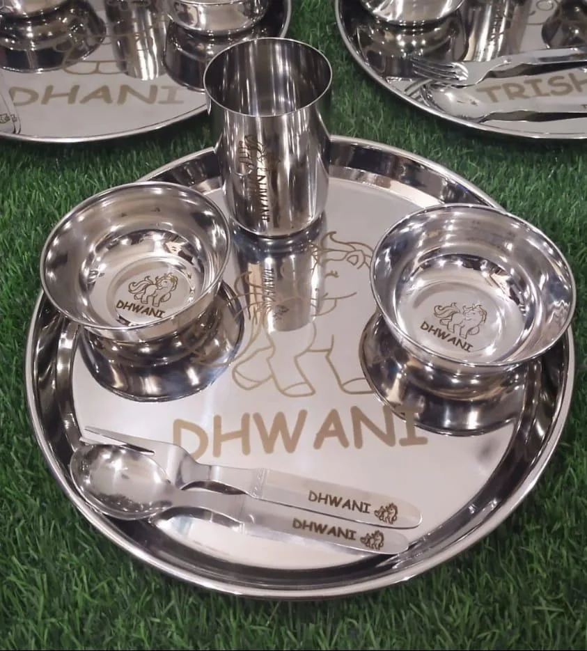 Personalised Round Thali Set | 13 Inch Steel Dinner Set 2 Personalised heavy steel round thali set, about 13 inches. 5 piece ₹750, 6 piece ₹780, 7 piece ₹830. Name and brochure theme. Making time 4-5 working days. Personalised Round Thali Set