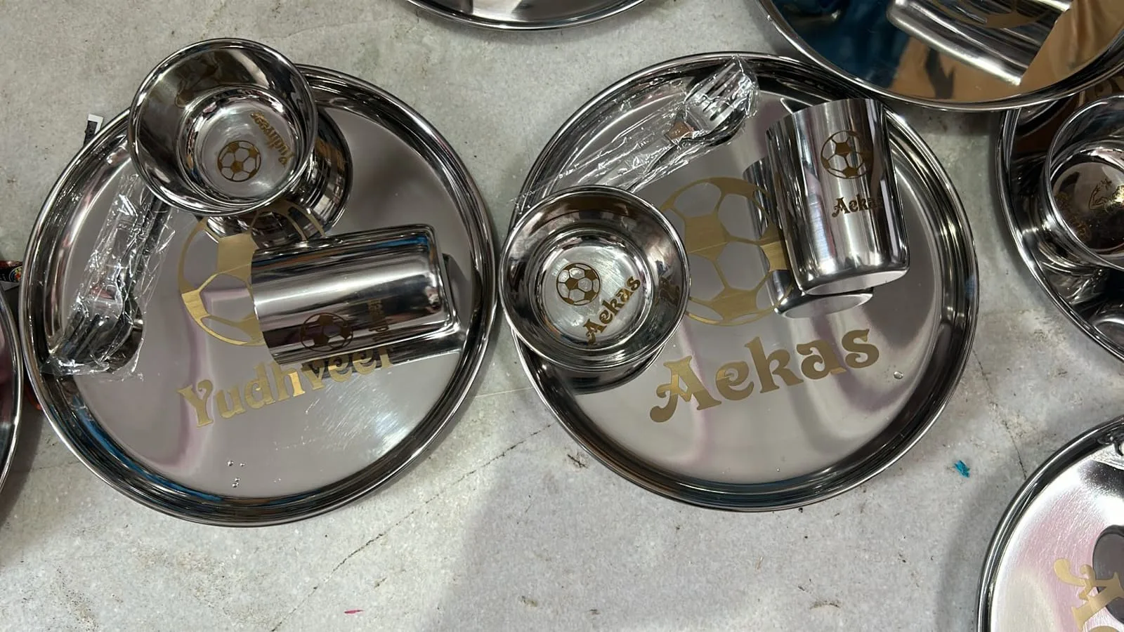 Personalised Round Thali Set | 13 Inch Steel Dinner Set 3 Personalised heavy steel round thali set, about 13 inches. 5 piece ₹750, 6 piece ₹780, 7 piece ₹830. Name and brochure theme. Making time 4-5 working days. Personalised Round Thali Set