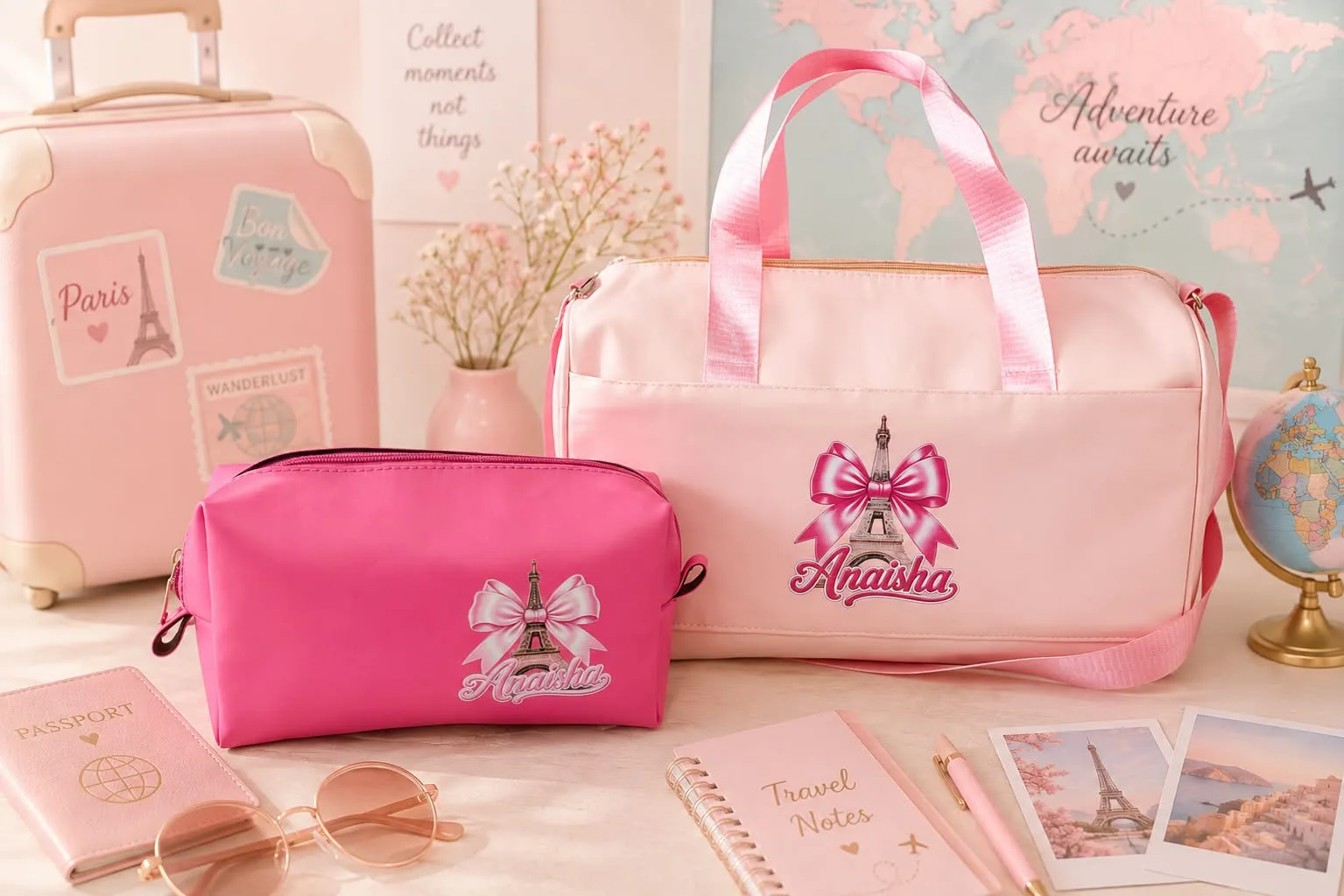 Personalised Travel Combo | Duffle Bag and Travel Pouch 2 Personalised travel combo with a 15x9 inch duffle bag and an 8.5x4.5 inch pouch. Any name and brochure theme. Colours: pink, green, light blue, grey and purple. Slight shade difference possible. Personalised Travel Combo