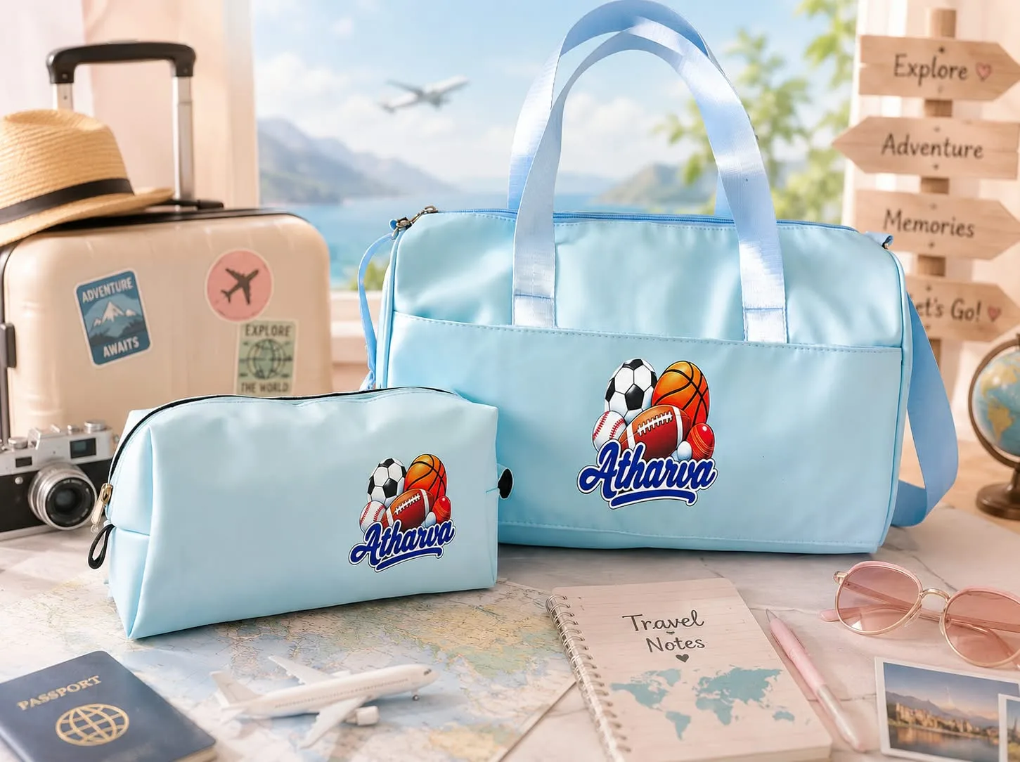 Personalised Travel Combo | Duffle Bag and Travel Pouch 1 Personalised travel combo with a 15x9 inch duffle bag and an 8.5x4.5 inch pouch. Any name and brochure theme. Colours: pink, green, light blue, grey and purple. Slight shade difference possible. Personalised Travel Combo