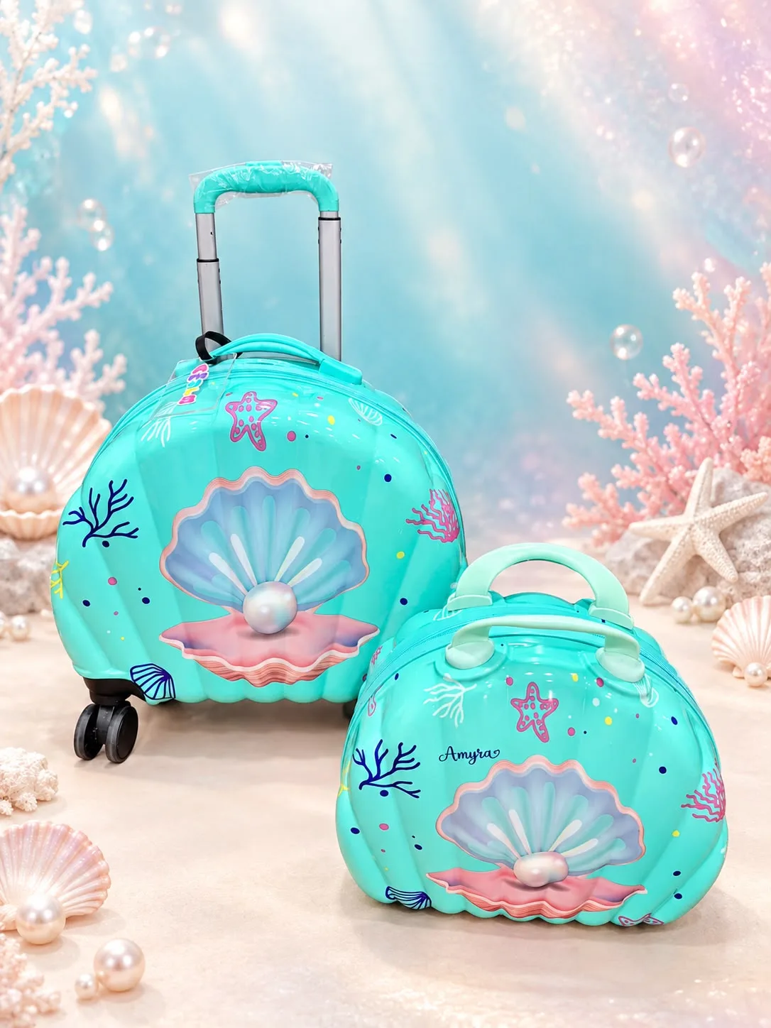 Personalised Trolley Luggage and Vanity Bag Set 1 Most trending set of 2 – Personalised trolley luggage with bag tag (16x12.5 inch) and personalised overnight/vanity bag (12x10.5 inch). Perfect travel companion set. Personalised Trolley Luggage and Vanity Bag Set