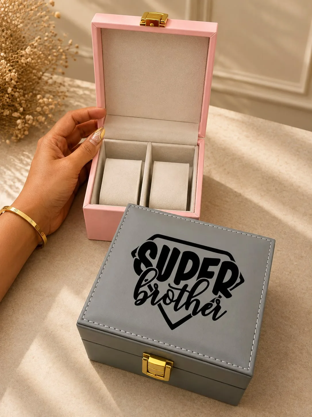Personalized 2 Slot Watch Organizer Gift | Custom Name | Youteek 2 Personalized 2 slot watch organizer gift with custom name print, velvet cushions and a gold lock. Available in pink, black and grey. Ideal for anniversary and gift-for-him. personalized 2 slot watch organizer gift