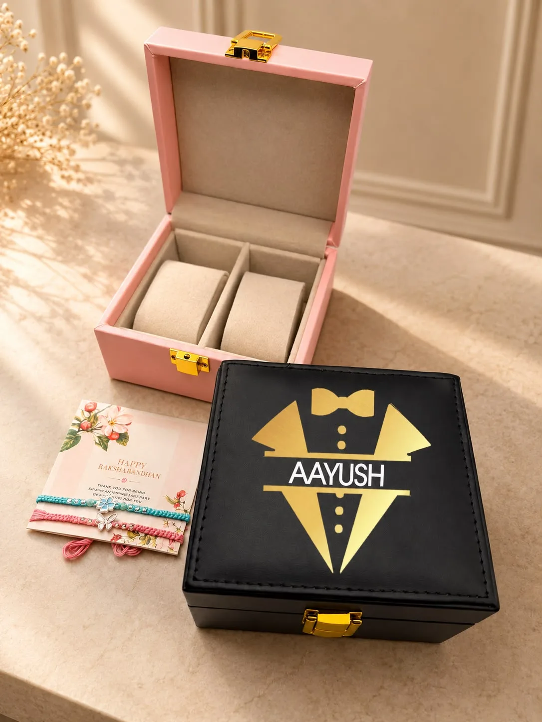 Personalized 2 Slot Watch Organizer Gift | Custom Name | Youteek 1 Personalized 2 slot watch organizer gift with custom name print, velvet cushions and a gold lock. Available in pink, black and grey. Ideal for anniversary and gift-for-him. personalized 2 slot watch organizer gift