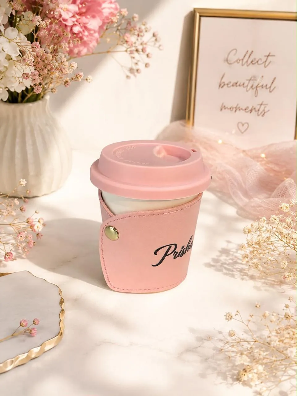 Personalized Ceramic Sipper with Leatherette Sleeve | Youteek 3 Personalized ceramic sipper with leatherette sleeve. Available in blue, pink and black. Name can be added. Ideal for office and gifting. personalized ceramic sipper with leatherette sleeve