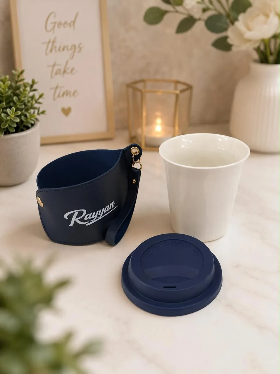 Personalized Ceramic Sipper with Leatherette Sleeve | Youteek 1 Personalized ceramic sipper with leatherette sleeve. Available in blue, pink and black. Name can be added. Ideal for office and gifting. personalized ceramic sipper with leatherette sleeve