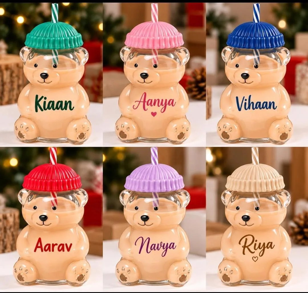 Personalized Teddy Bear Glass Jar with Straw 400ml | Youteek 1 Personalized teddy bear glass jar, 400 ml, with straw, steel lid and extra cap. Name can be added. Cap colour is random as per gender. Comes in a box. personalized teddy bear glass jar