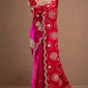 pink and red gajji silk bandhani saree