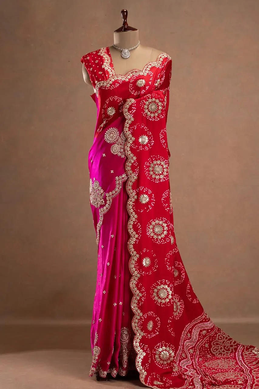 Pink and Red Gajji Silk Bandhani Saree | Youteek 1 Richly traditional pink and red Gajji silk Bandhani saree with elegant gota embroidery. Handcrafted dual-tone festive drape with unstitched blouse piece. pink and red gajji silk bandhani saree