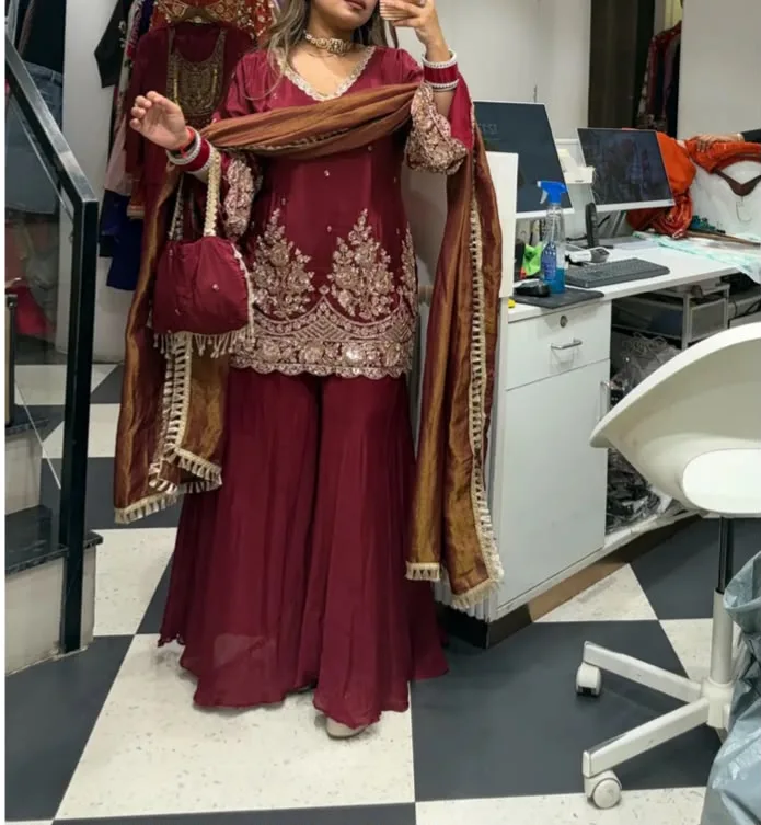 Plus Size Heavy Handwork Suit 3XL Online | Youteek 1 Statement premium handwork suit with intricate embroidery. Elegant tissue dupatta, dramatic flared palazzo and matching potli. Sizes L to XXXL. Perfect for weddings, roka, engagement and festive parties. Available in Mehrun and Blue. plus size heavy handwork suit 3xl online