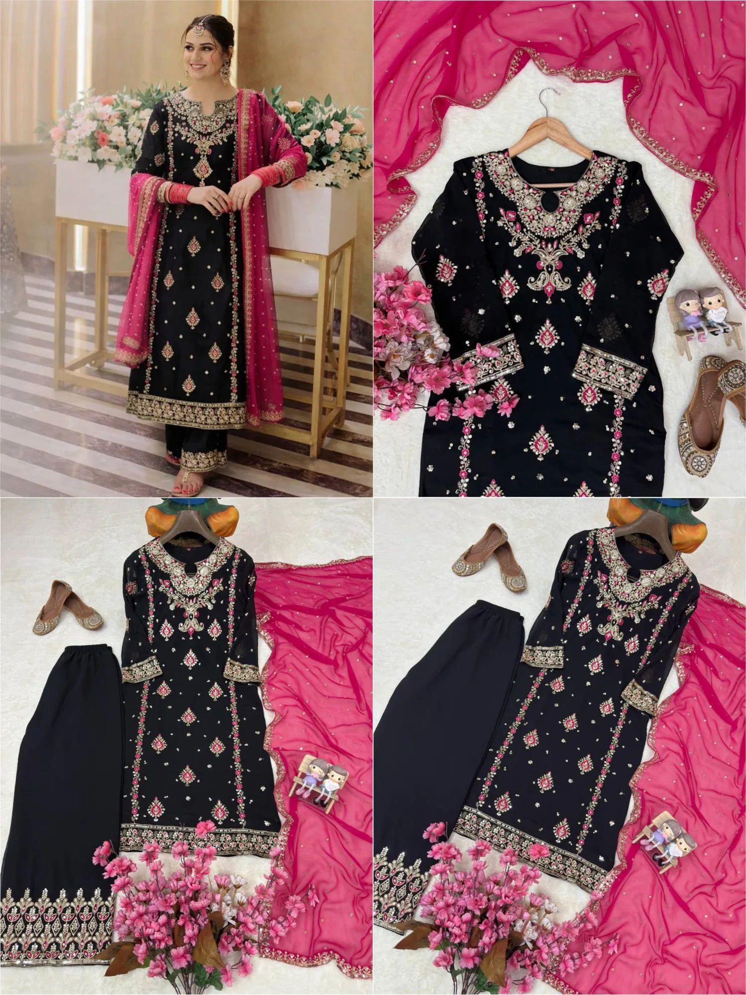 Plus Size Palazzo Suit Set 3XL Online | Youteek 2 Newly launched plus size palazzo suit set in beautiful georgette. 5mm sequins zari thread embroidery with pearl work. Fully stitched up to 3XL(46), kurti 43-44 inches, free size palazzo 41 inches, dupatta 2 mtr. plus size palazzo suit set 3xl online