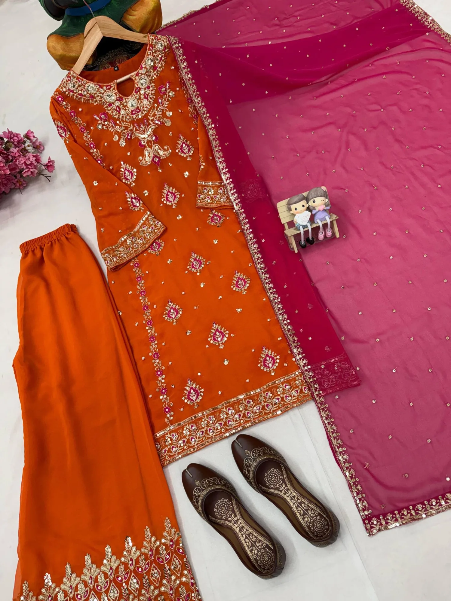 Plus Size Palazzo Suit Set 3XL Online | Youteek 3 Newly launched plus size palazzo suit set in beautiful georgette. 5mm sequins zari thread embroidery with pearl work. Fully stitched up to 3XL(46), kurti 43-44 inches, free size palazzo 41 inches, dupatta 2 mtr. plus size palazzo suit set 3xl online