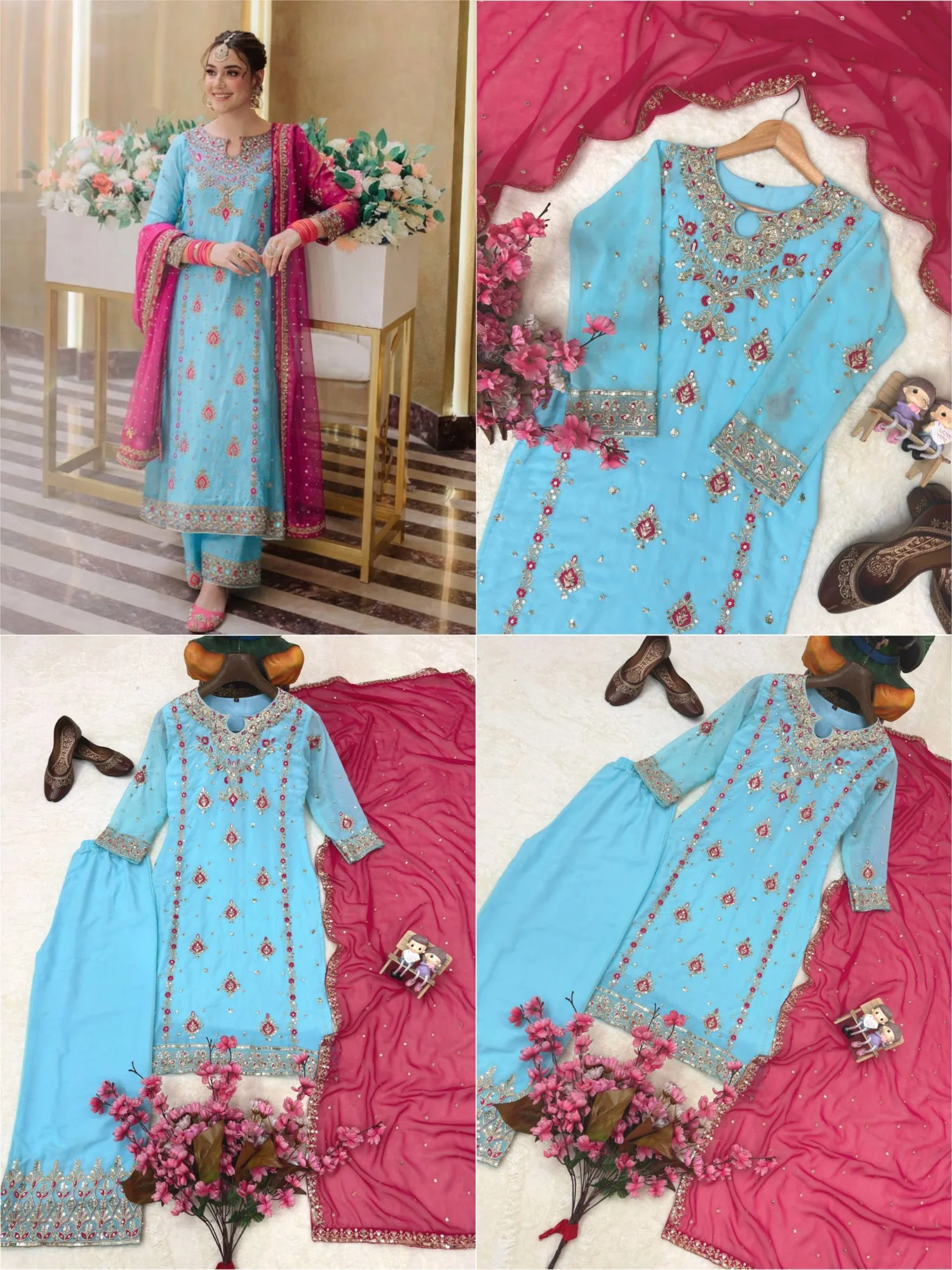 Plus Size Palazzo Suit Set 3XL Online | Youteek 1 Newly launched plus size palazzo suit set in beautiful georgette. 5mm sequins zari thread embroidery with pearl work. Fully stitched up to 3XL(46), kurti 43-44 inches, free size palazzo 41 inches, dupatta 2 mtr. plus size palazzo suit set 3xl online